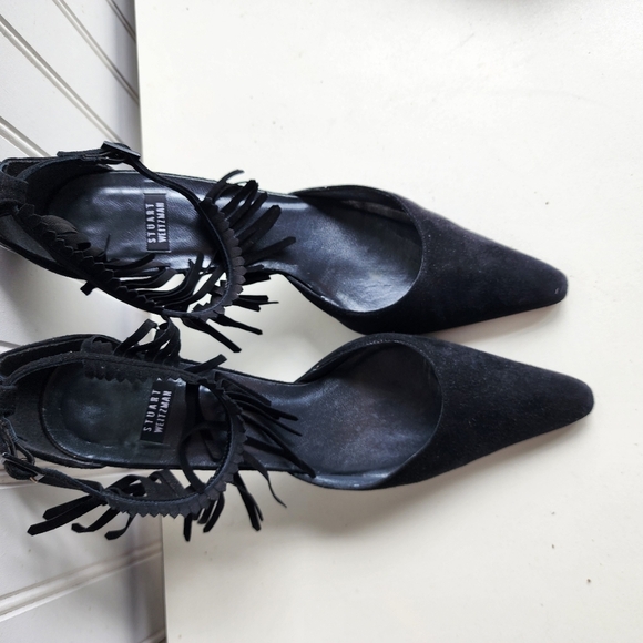 RARE Stuart Weitzman Fringelica Suede Point Toe Pump Black Ankle Strap Heel 7.5 - Picture 3 of 16